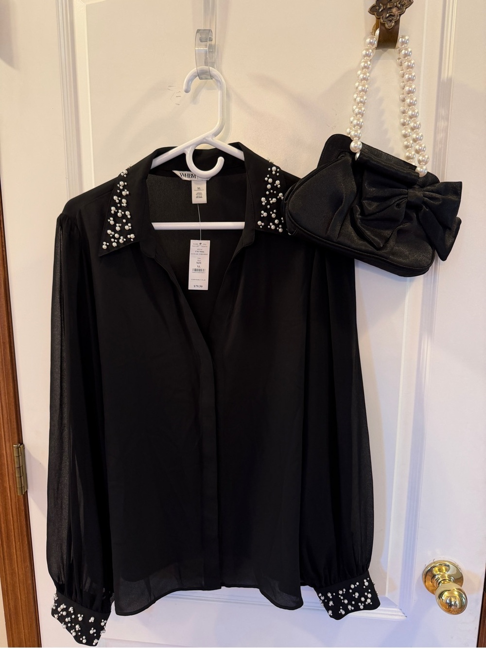 White House Black Market Embellished Black Blouse + McClintock Clutch